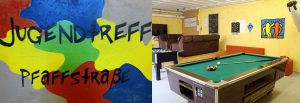 Einblick in den Kinder- und Jugendtreff des ASZ in Kaiserslautern. Hier zu sehen ist ein Billard Tisch und eine Sitzgruppe mit einem TV.